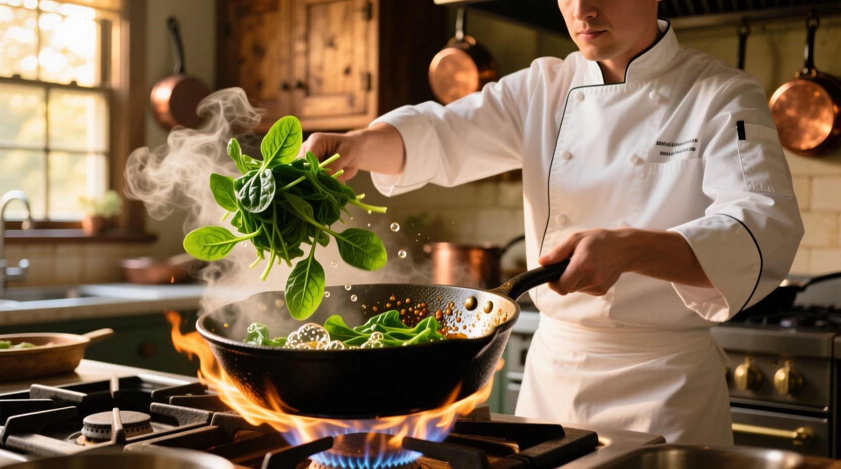 Chef sautéing spinach in cast iron skillet