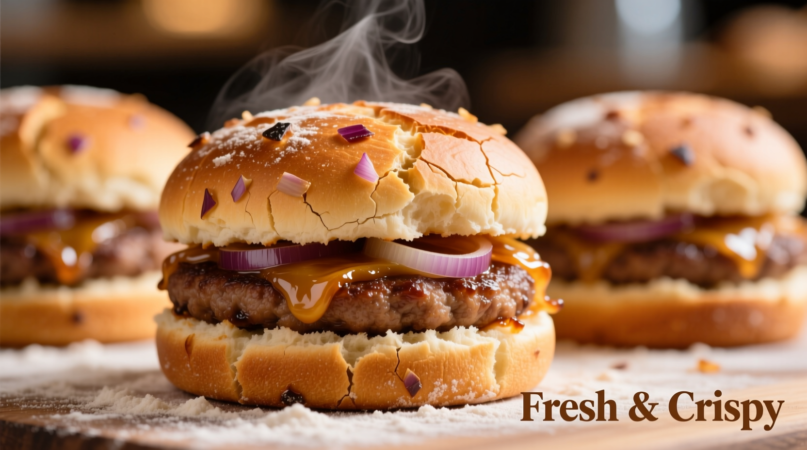 Freshly baked onion hamburger buns with visible onion flecks