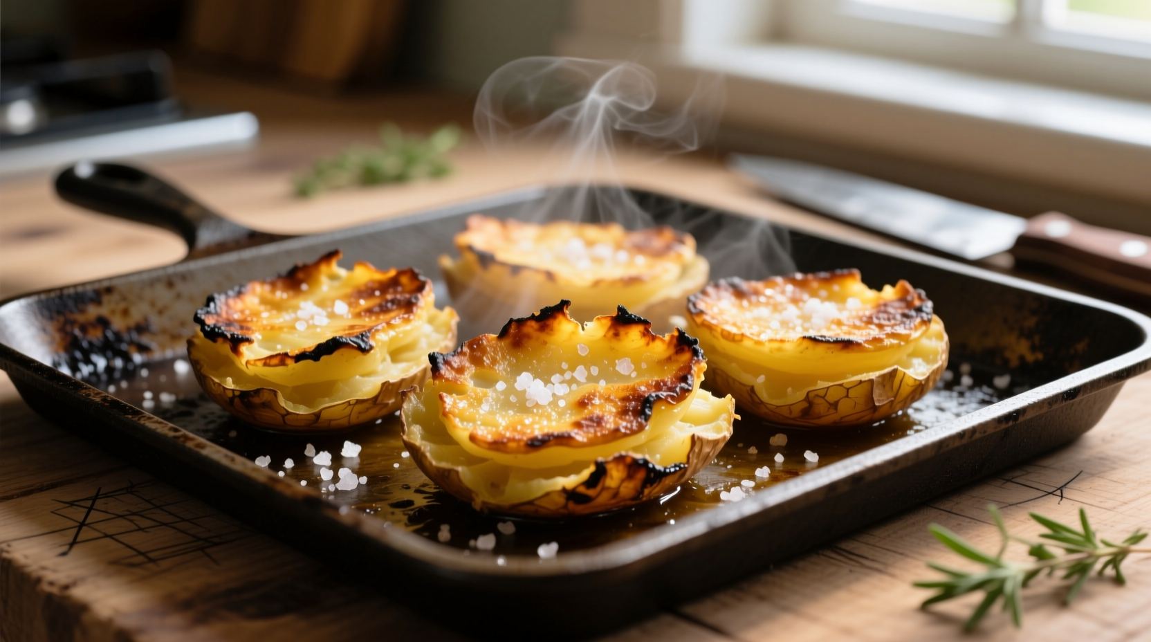 Golden smashed potatoes with crispy edges on baking sheet
