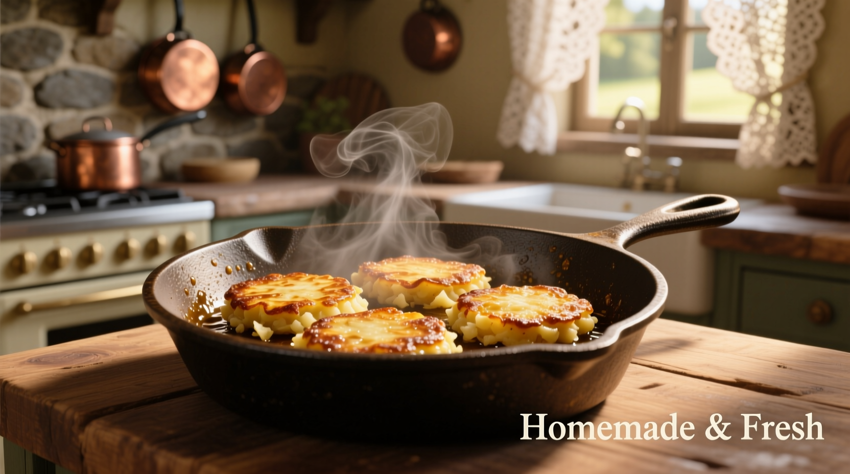 Golden brown potato cakes sizzling in cast iron skillet
