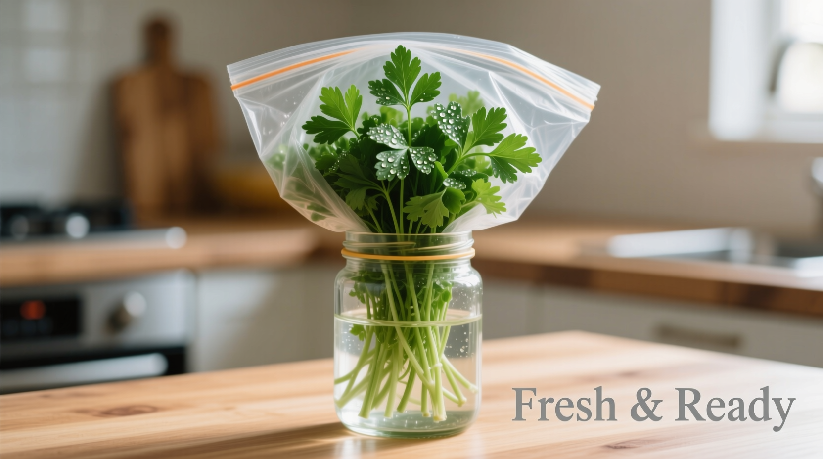 Fresh parsley stored upright in water with plastic bag cover