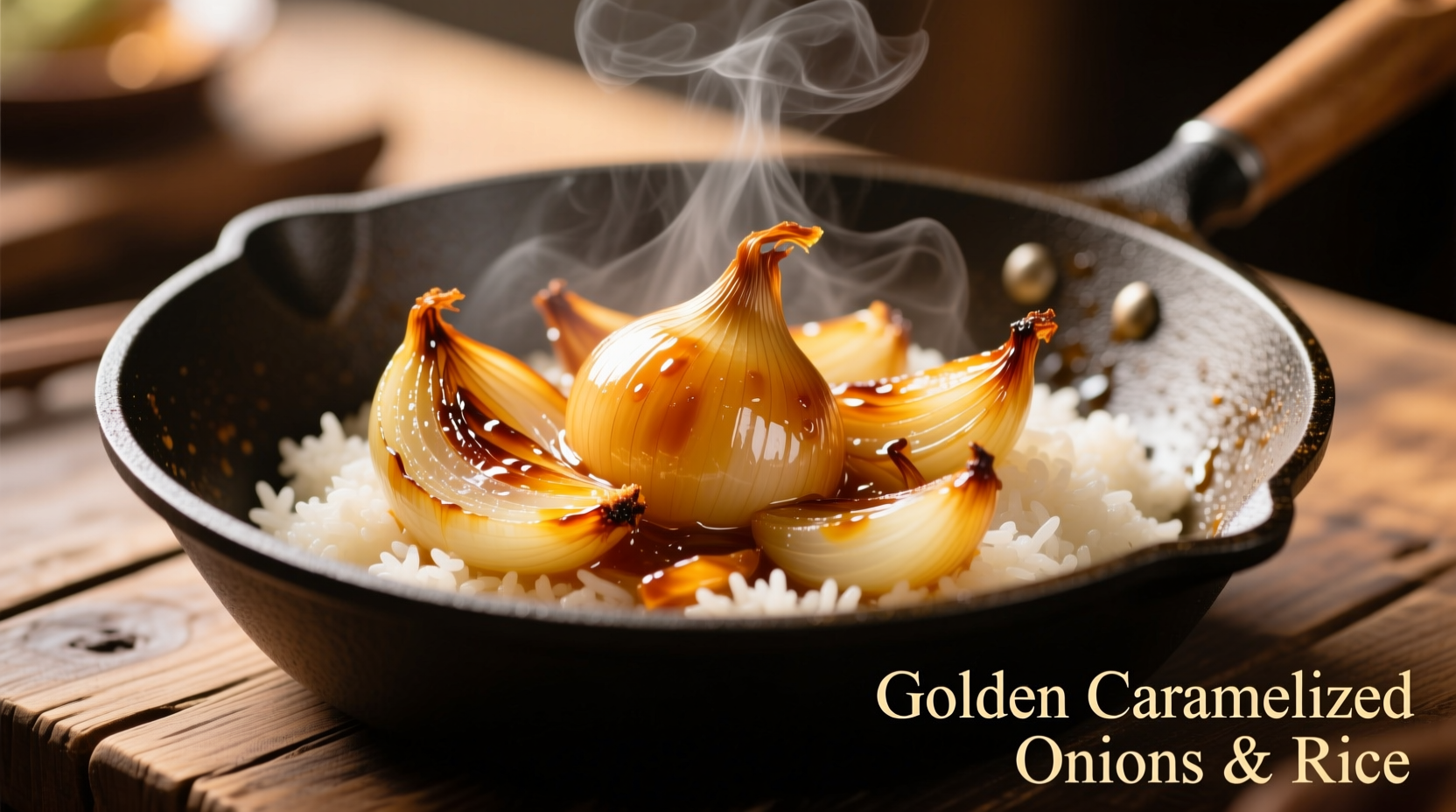 Golden caramelized onions in wok with rice