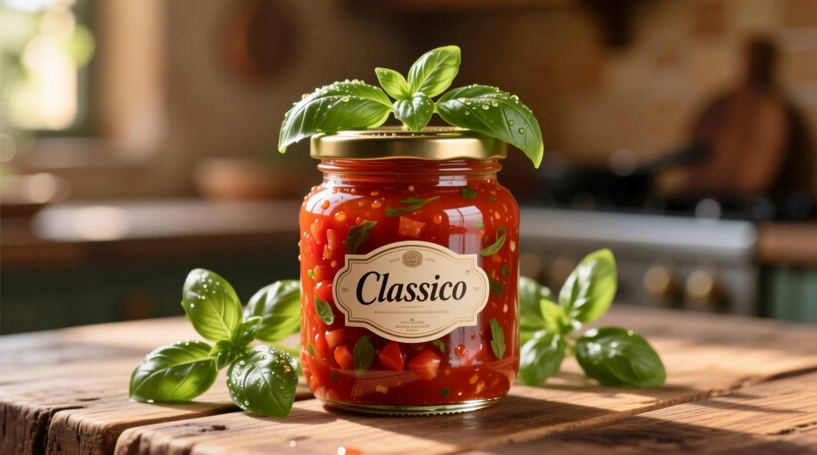 Classico tomato sauce jar with fresh basil