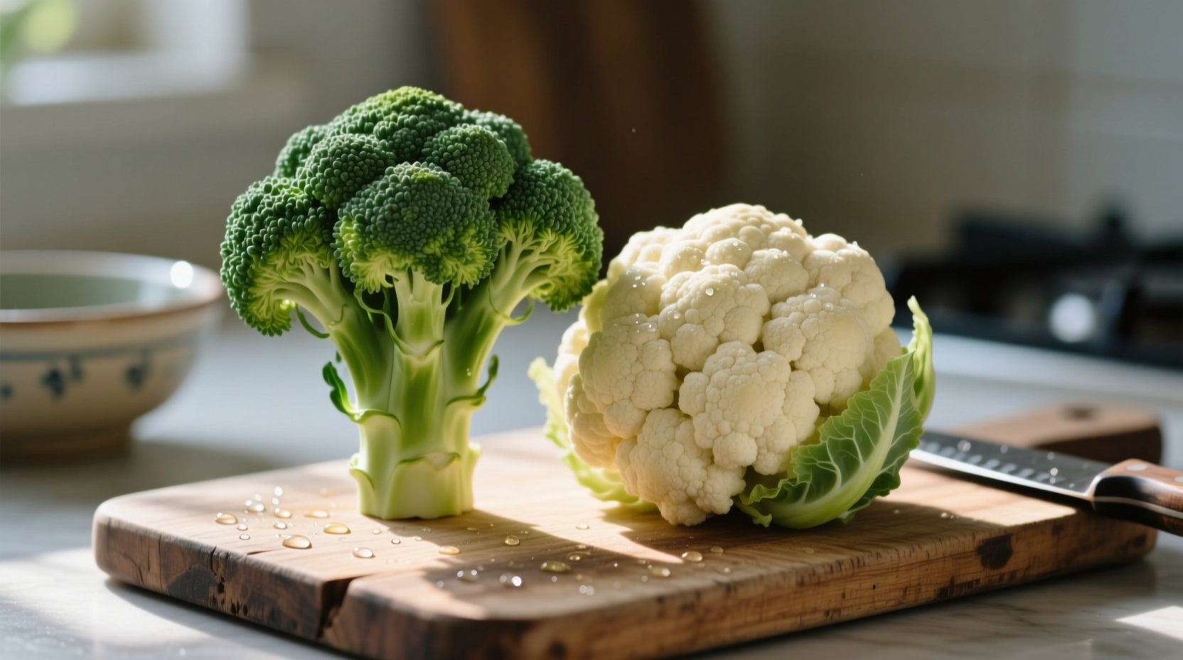 Broccoli and cauliflower side by side on cutting board
