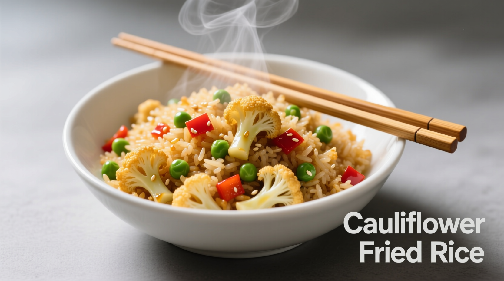 Cauliflower fried rice in white bowl with chopsticks