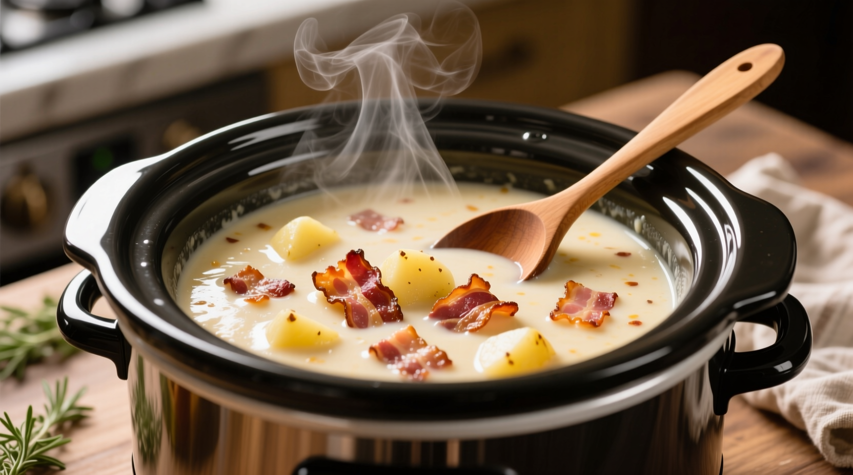 Slow cooker filled with creamy bacon potato soup