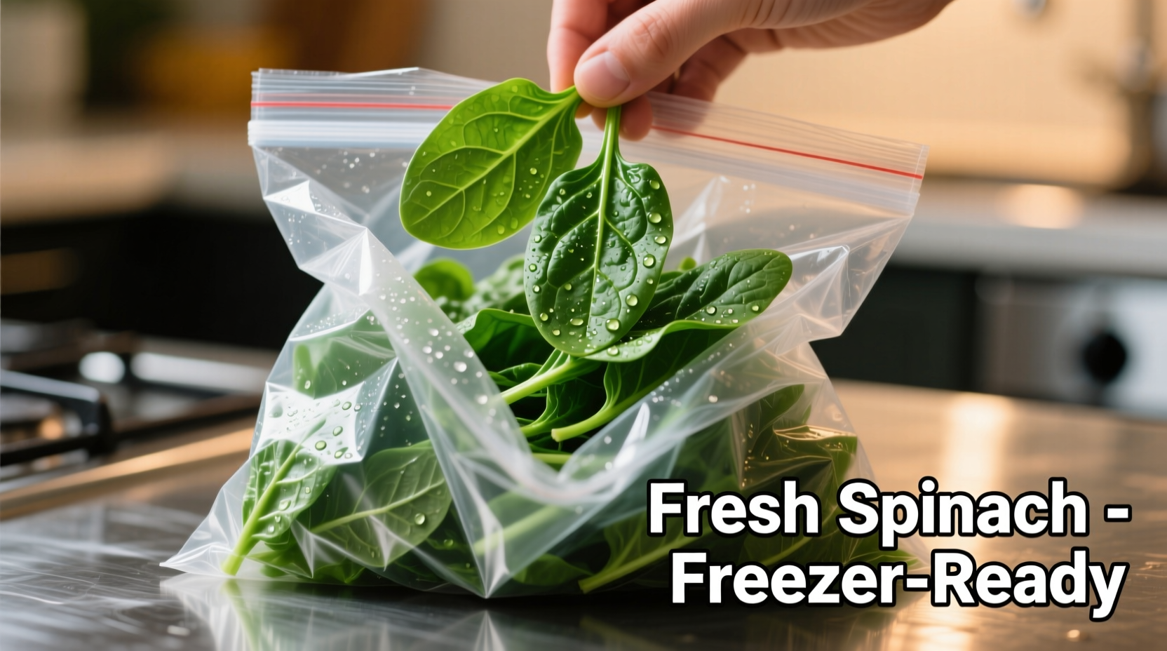Fresh spinach leaves being placed in freezer bag