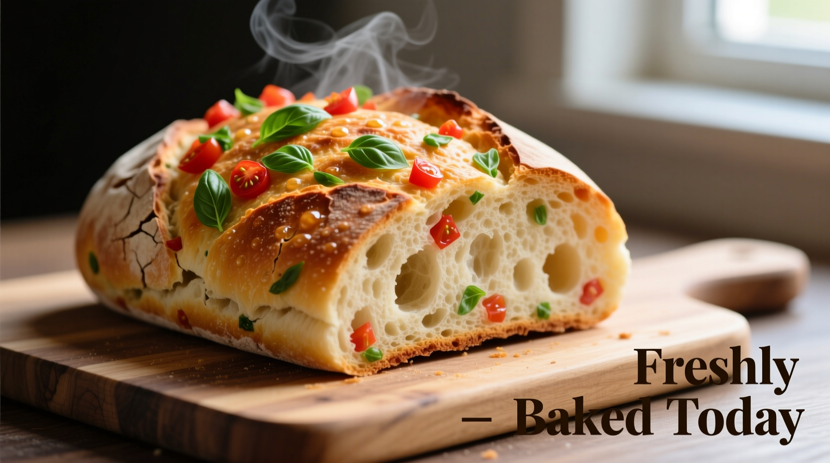 Freshly baked tomato basil bread with visible herb specks
