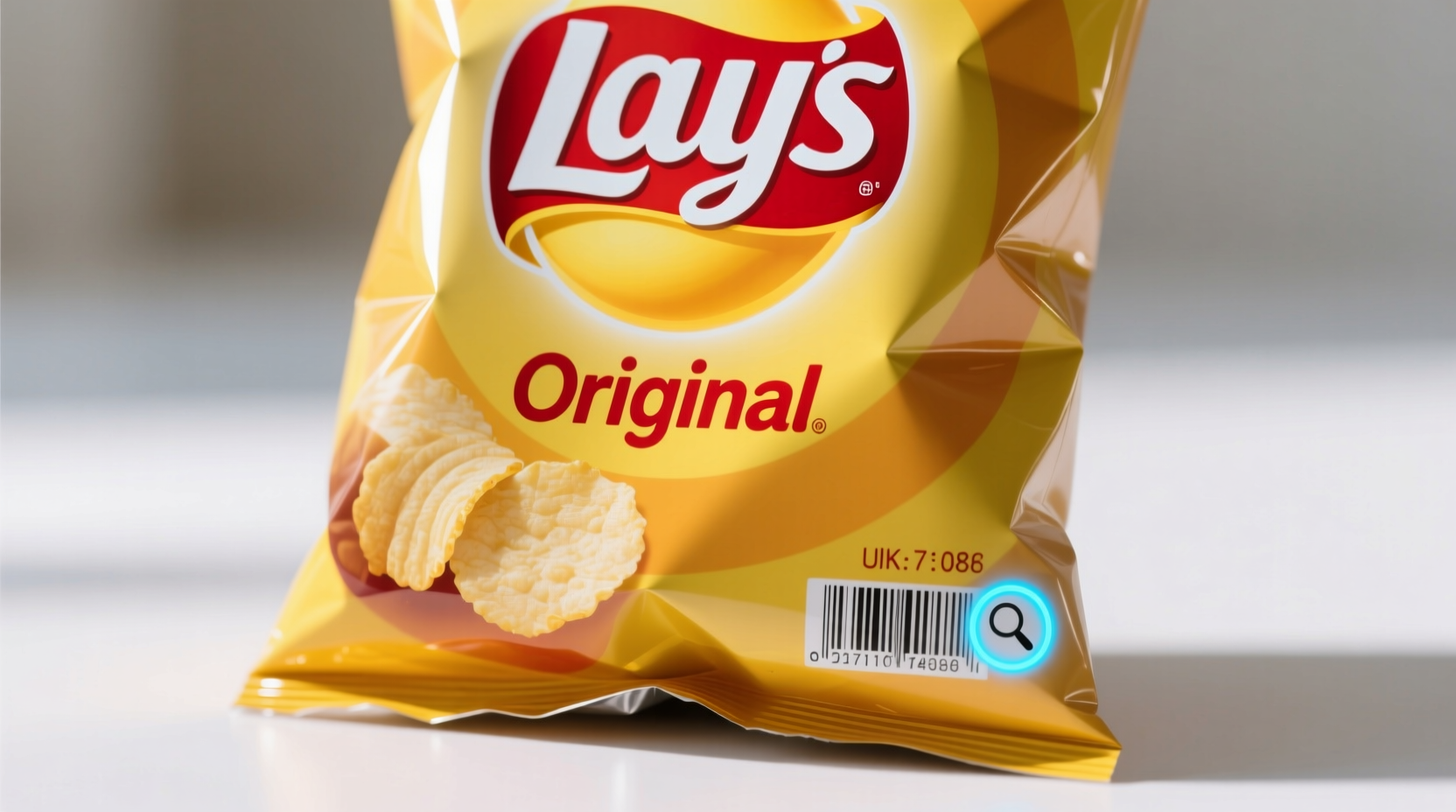 Lays potato chip packaging with product code location highlighted