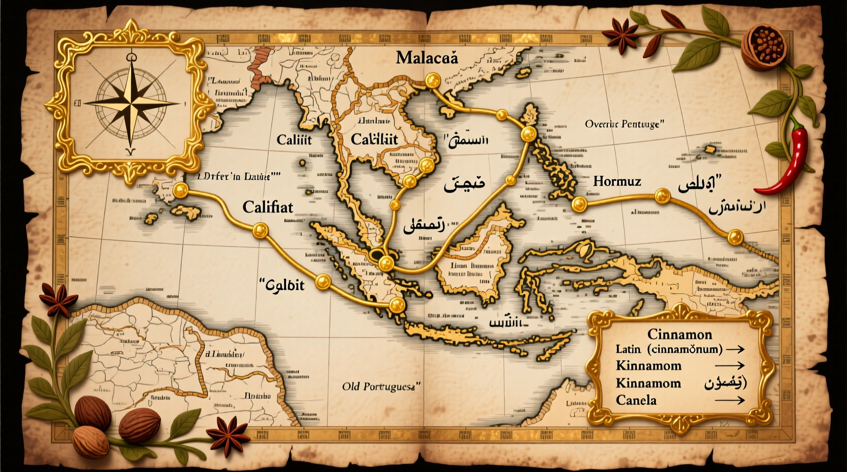 Historical spice trade routes map showing terminology evolution