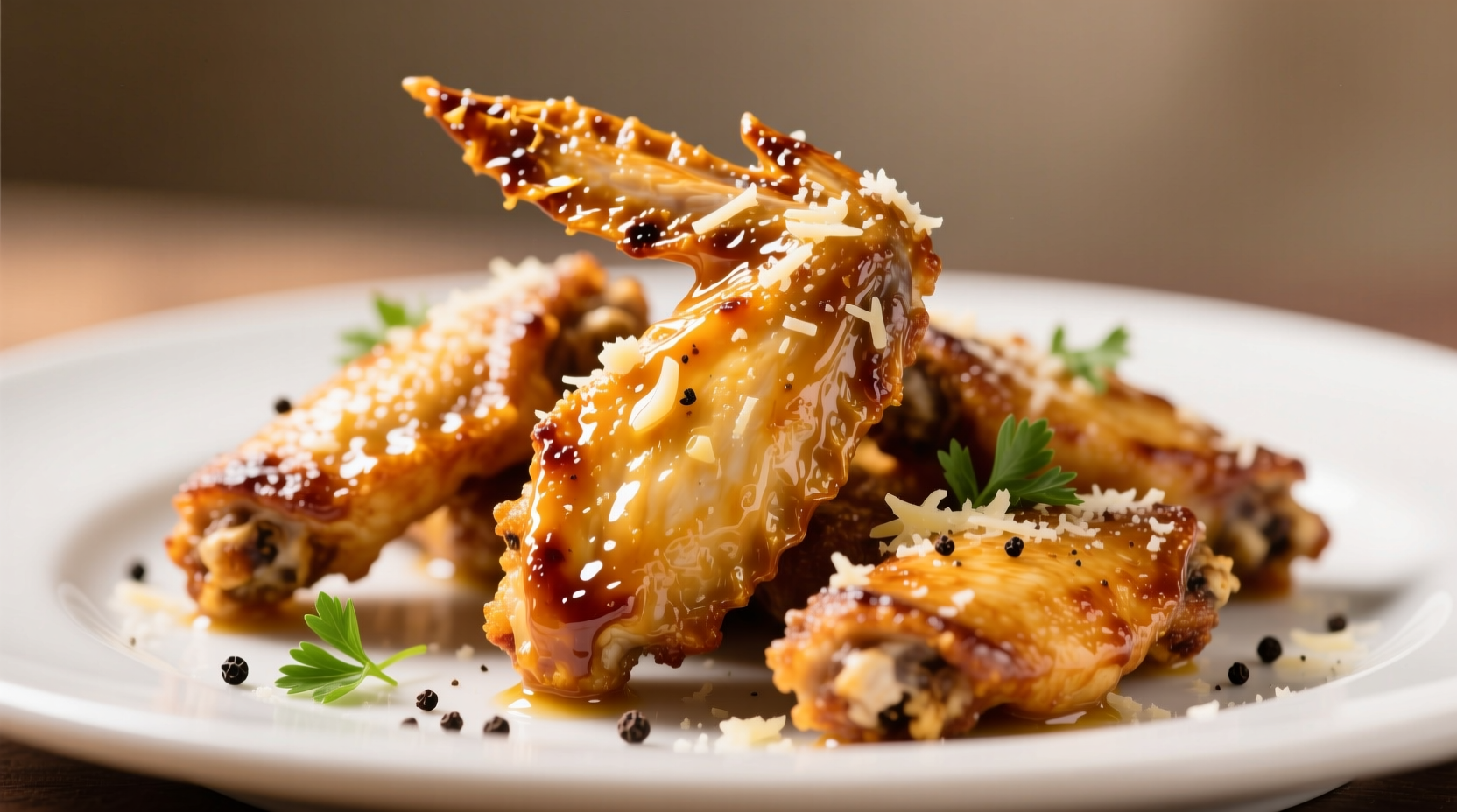 Crispy golden garlic parmesan chicken wings on white plate