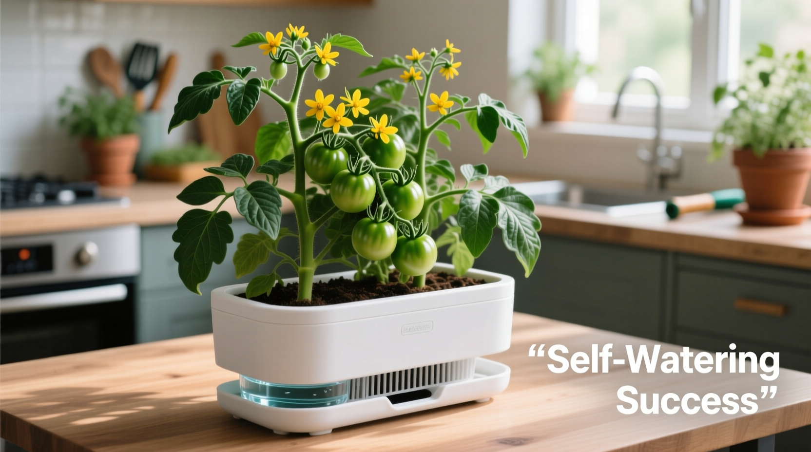 Tomato plant thriving in self-watering container planter