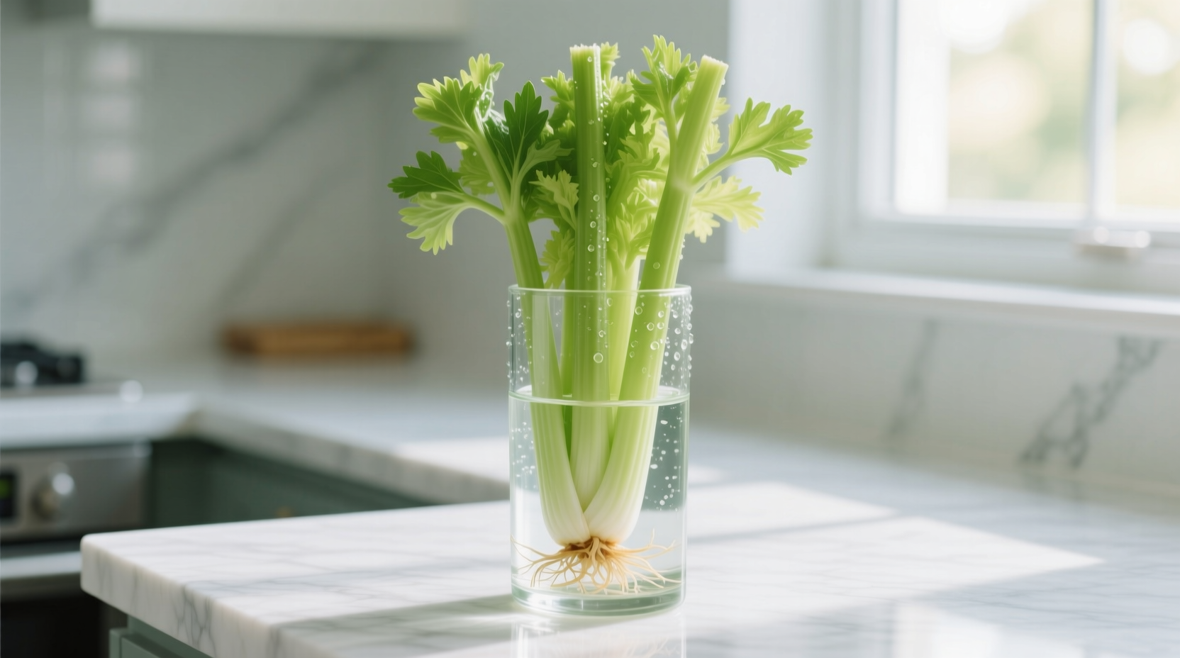 Fresh celery stored upright in water-filled container