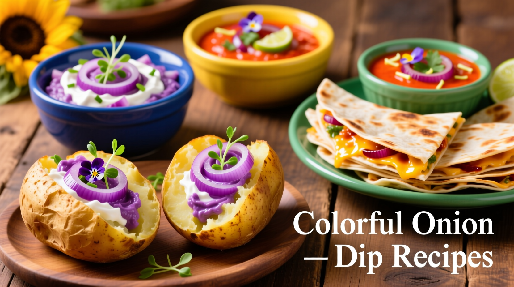 Colorful onion dip recipes including baked potatoes and quesadillas