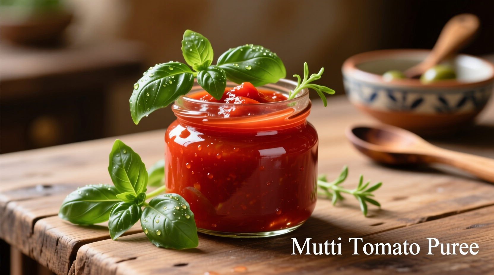 Mutti tomato puree in glass jar with fresh basil