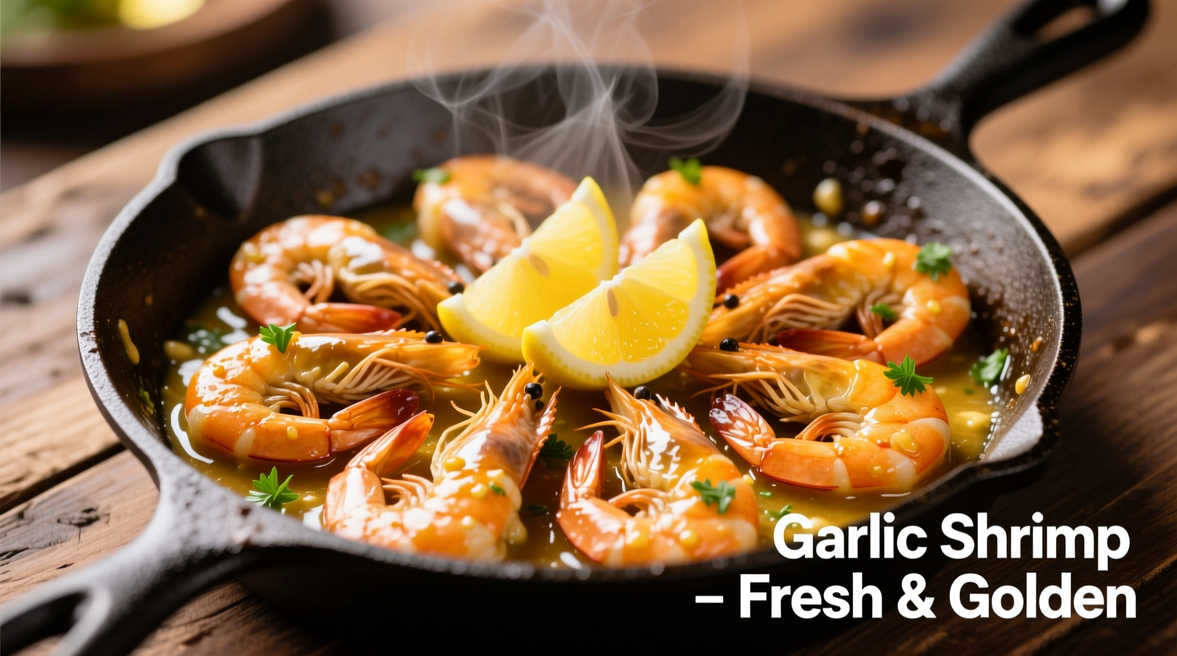Perfectly cooked garlic shrimp in skillet with lemon wedges