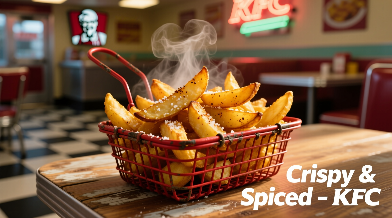 Freshly cooked KFC potato wedges served in a red basket