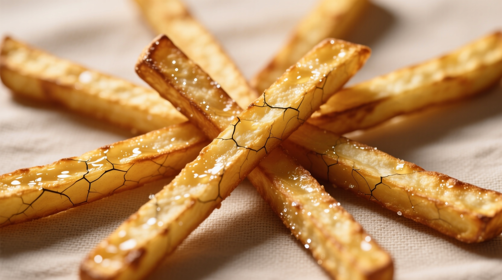 Golden brown potato sticks arranged in a crisscross pattern