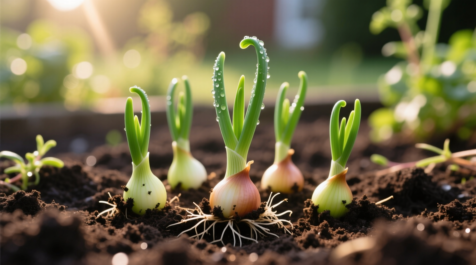 Short day onion sets planted in garden soil