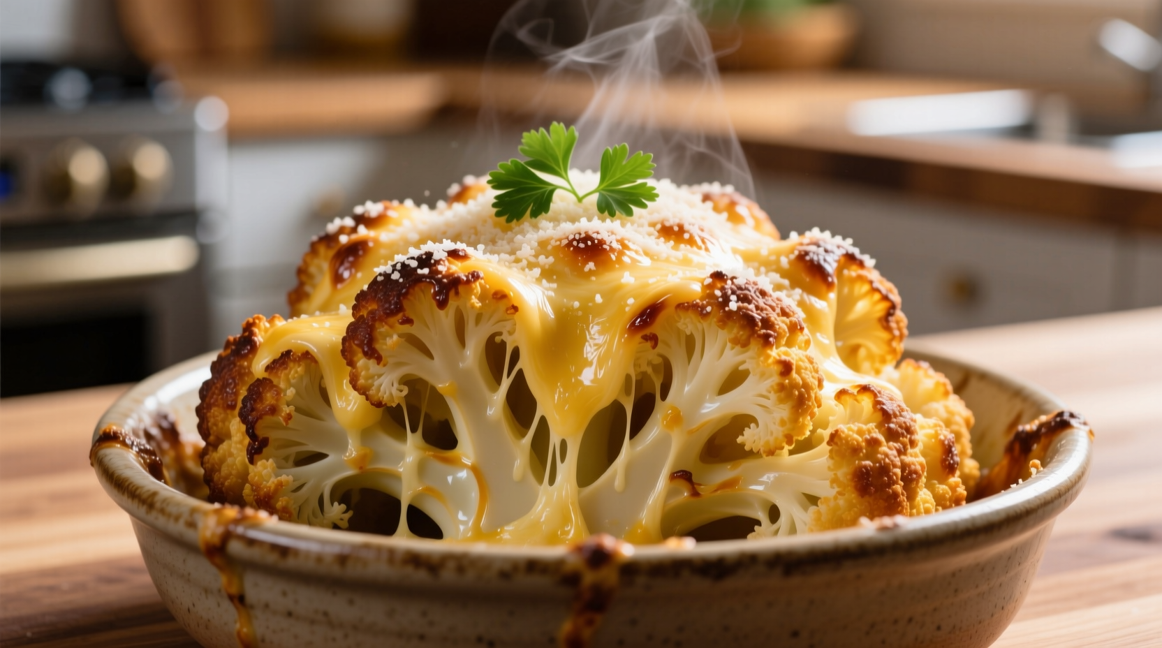 Golden-brown cauliflower parmesan with melted cheese topping
