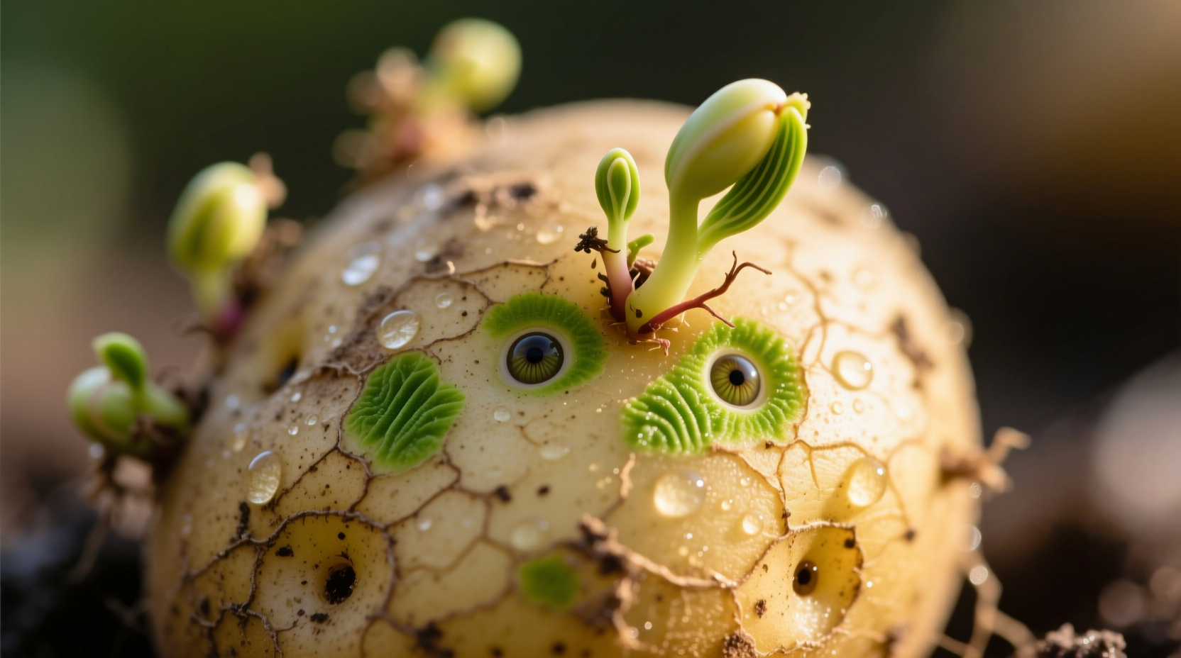 Close-up of sprouted potato with visible eyes and green patches