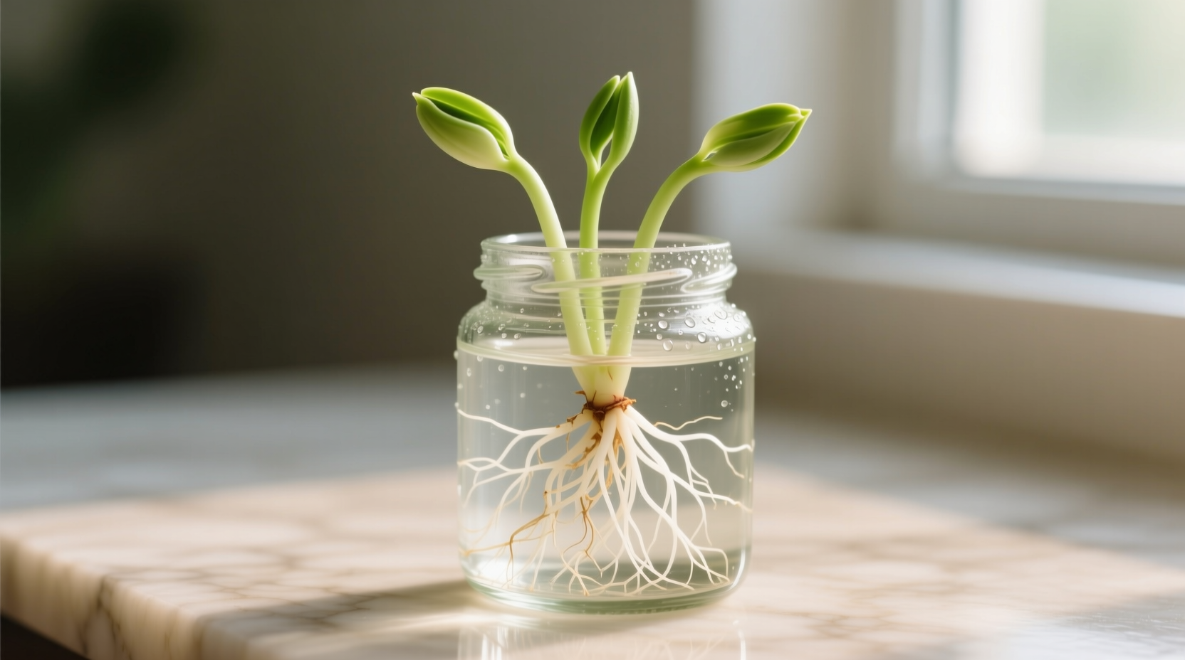 Sweet potato slips growing in water with white roots