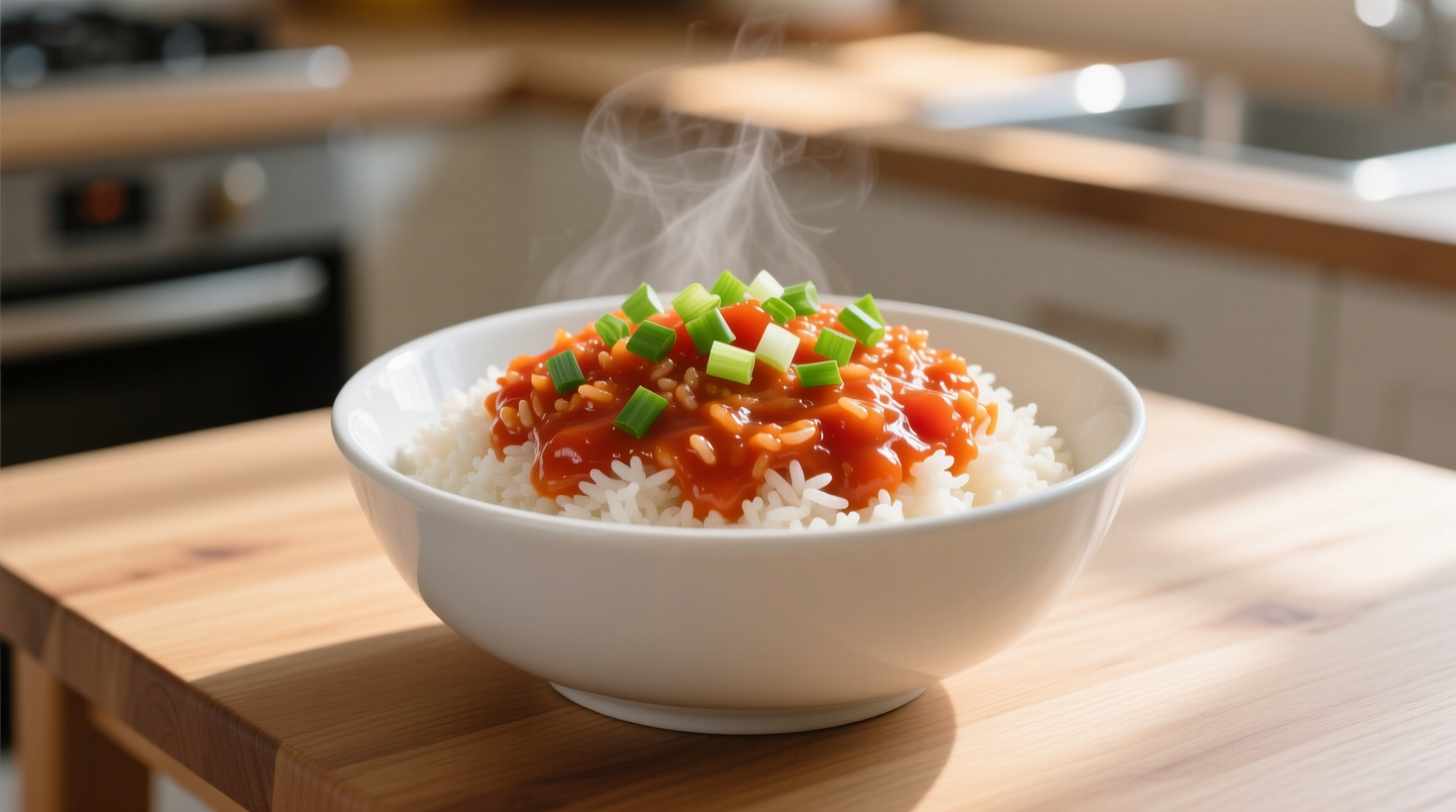 Perfectly cooked tomato rice in white bowl