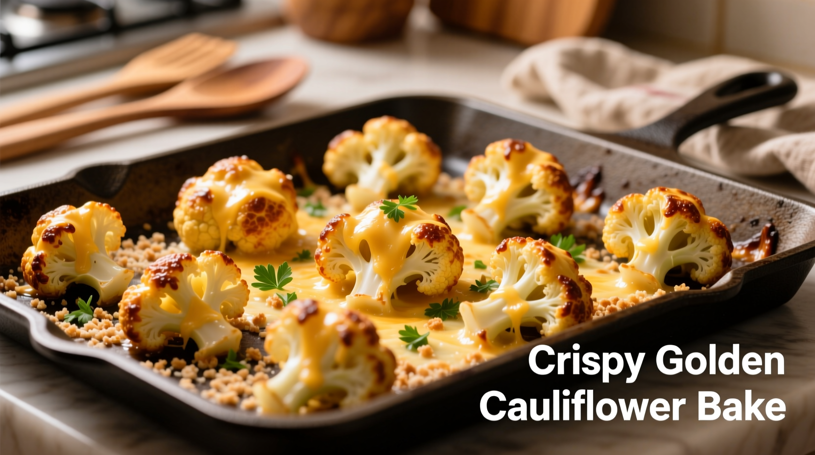Golden cheesy cauliflower florets on baking sheet