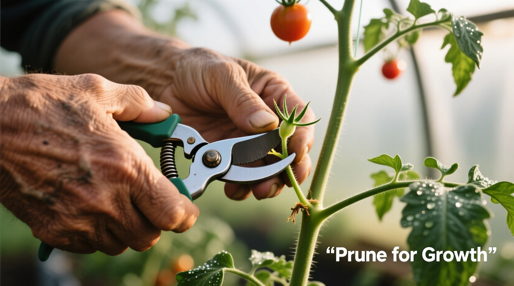 Close-up of hand trimming tomato plant suckers with clean cut