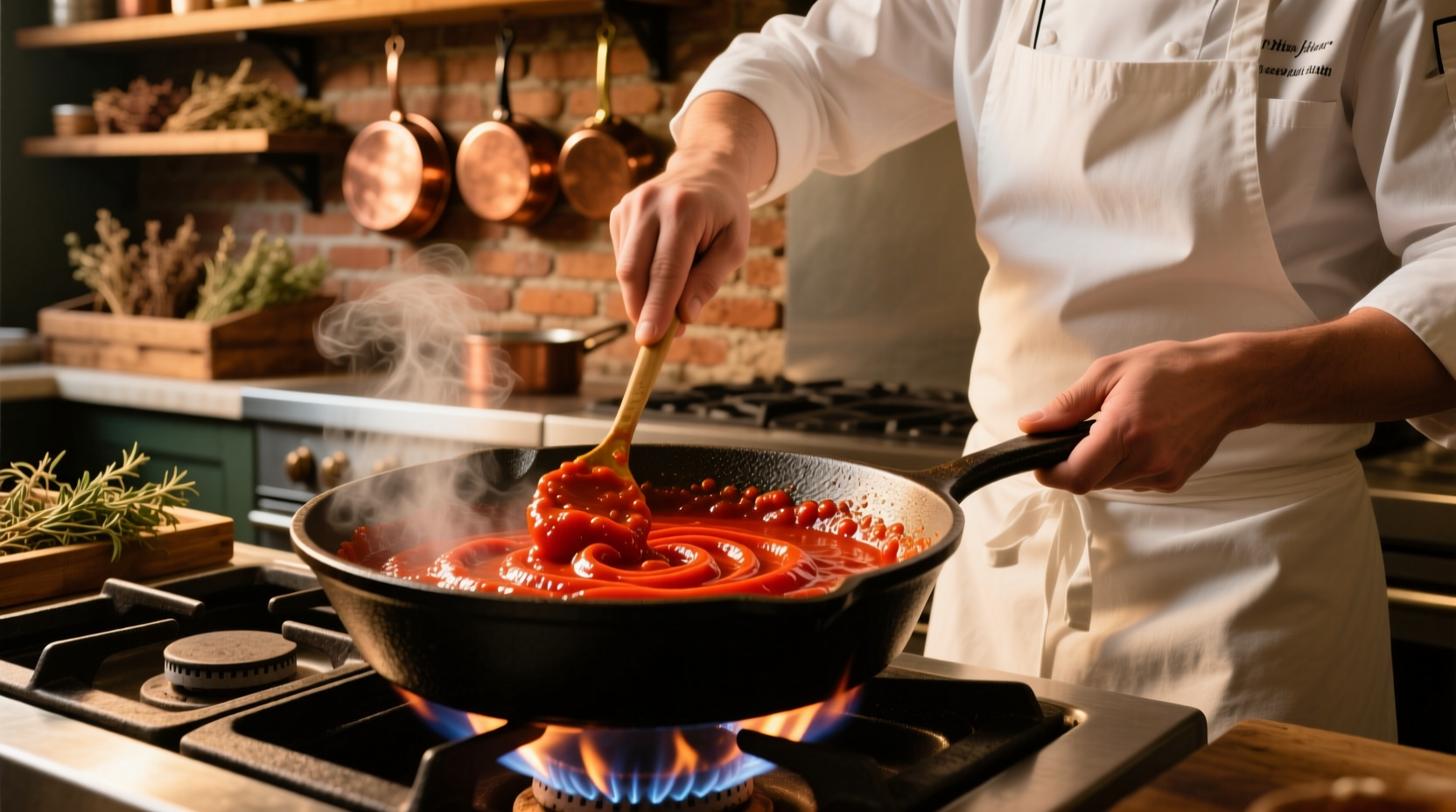 Chef stirring tomato paste in cast iron skillet