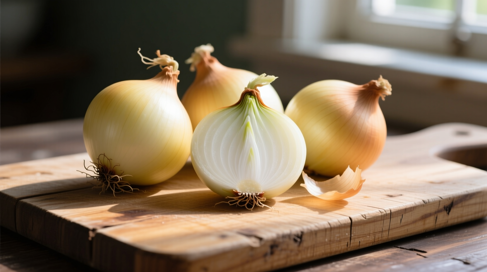 Fresh Bermuda onions with pale yellow skin on wooden cutting board