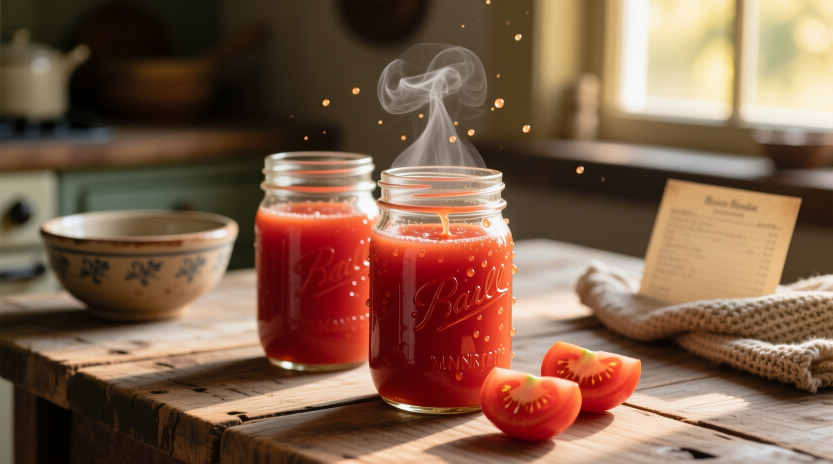Fresh tomato juice in mason jars on wooden table