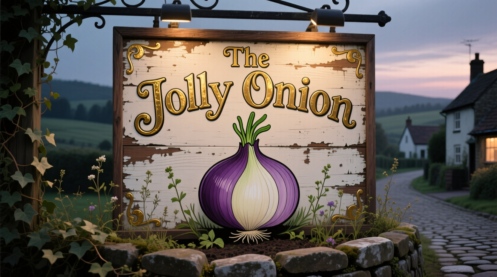 Vintage pub sign showing The Jolly Onion name with onion illustration