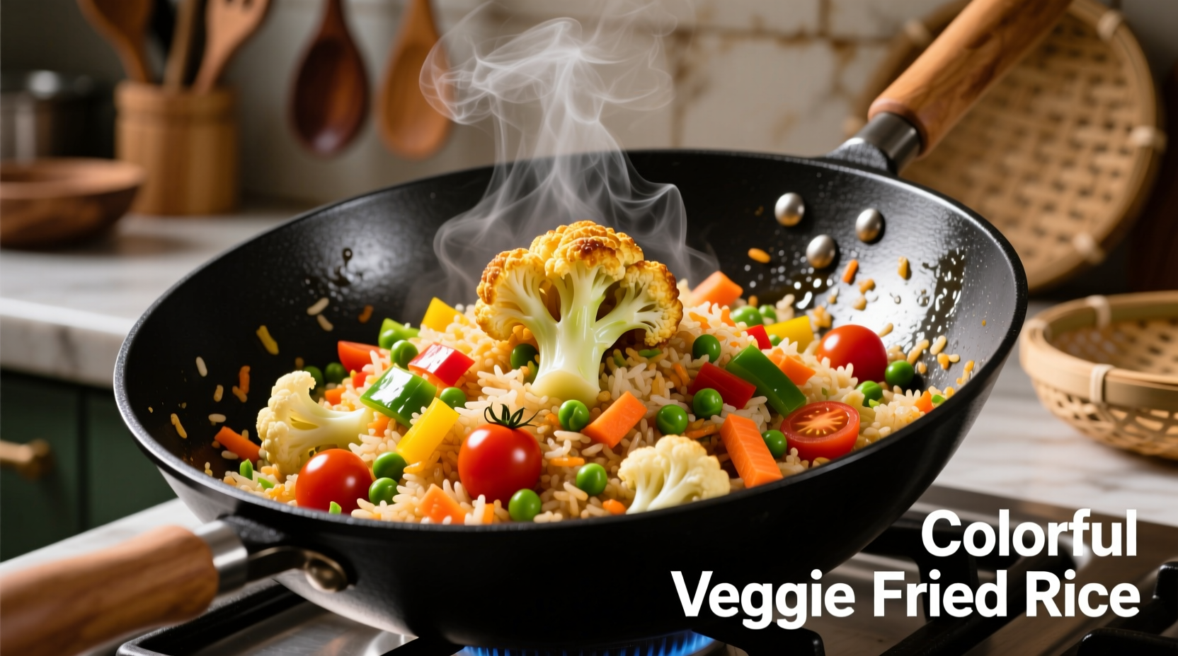 Colorful veggie fried rice with cauliflower in wok
