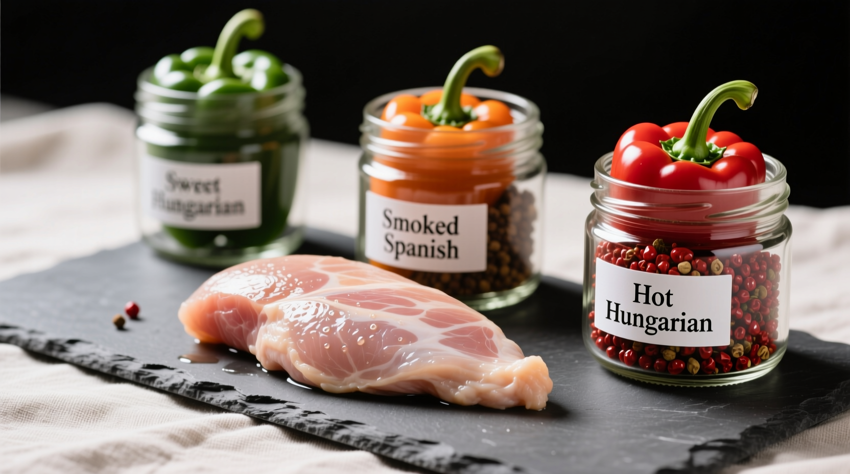Close-up of three paprika types: sweet Hungarian, smoked Spanish, and hot Hungarian in glass jars with fresh chicken breast