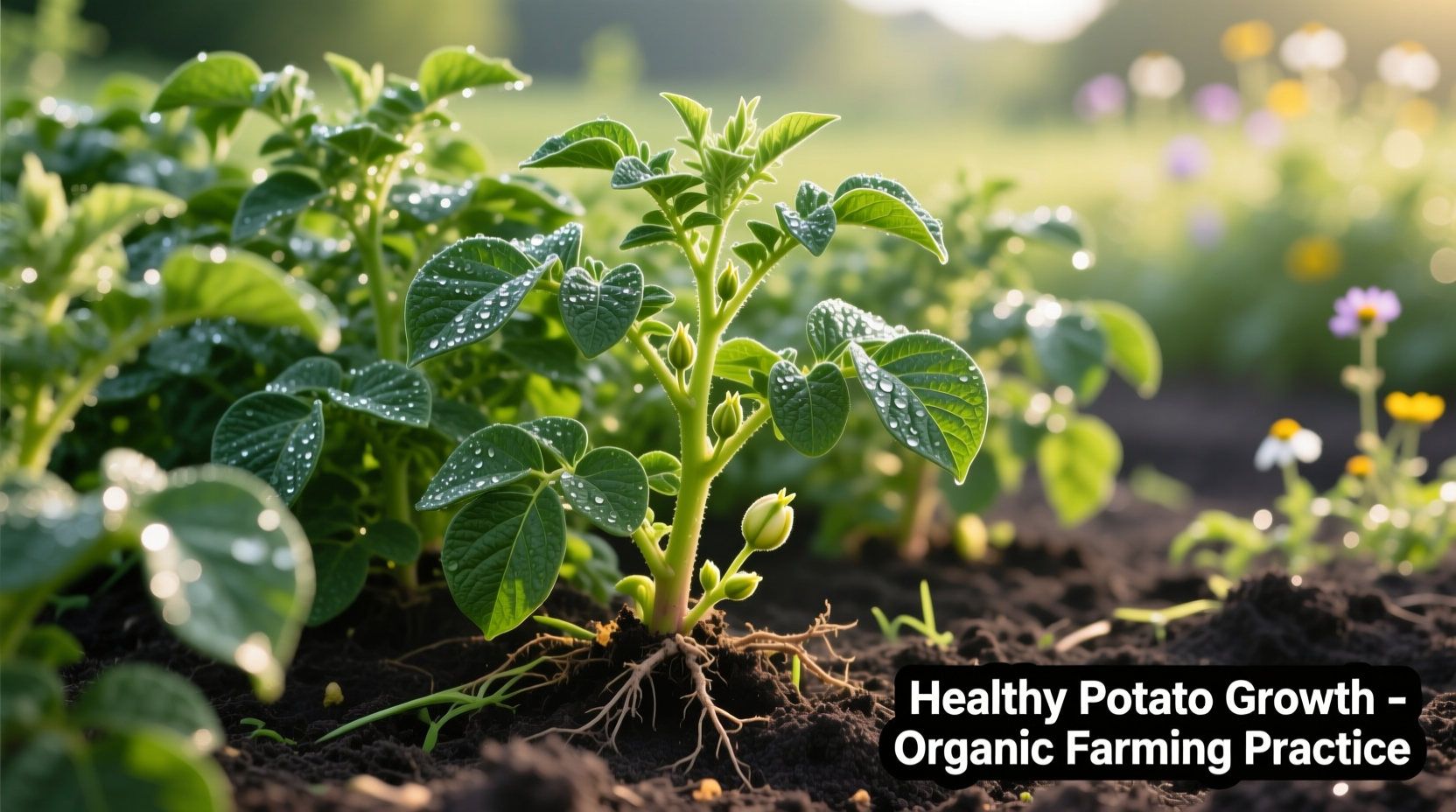 Healthy potato plants growing in garden soil with green foliage