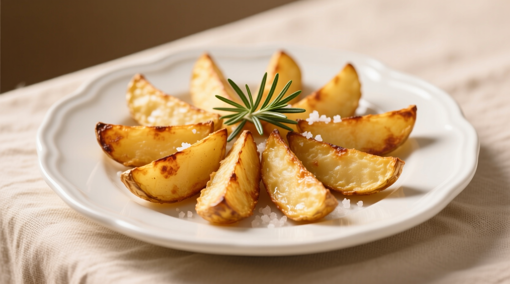 Perfectly golden air fried potato wedges on white plate