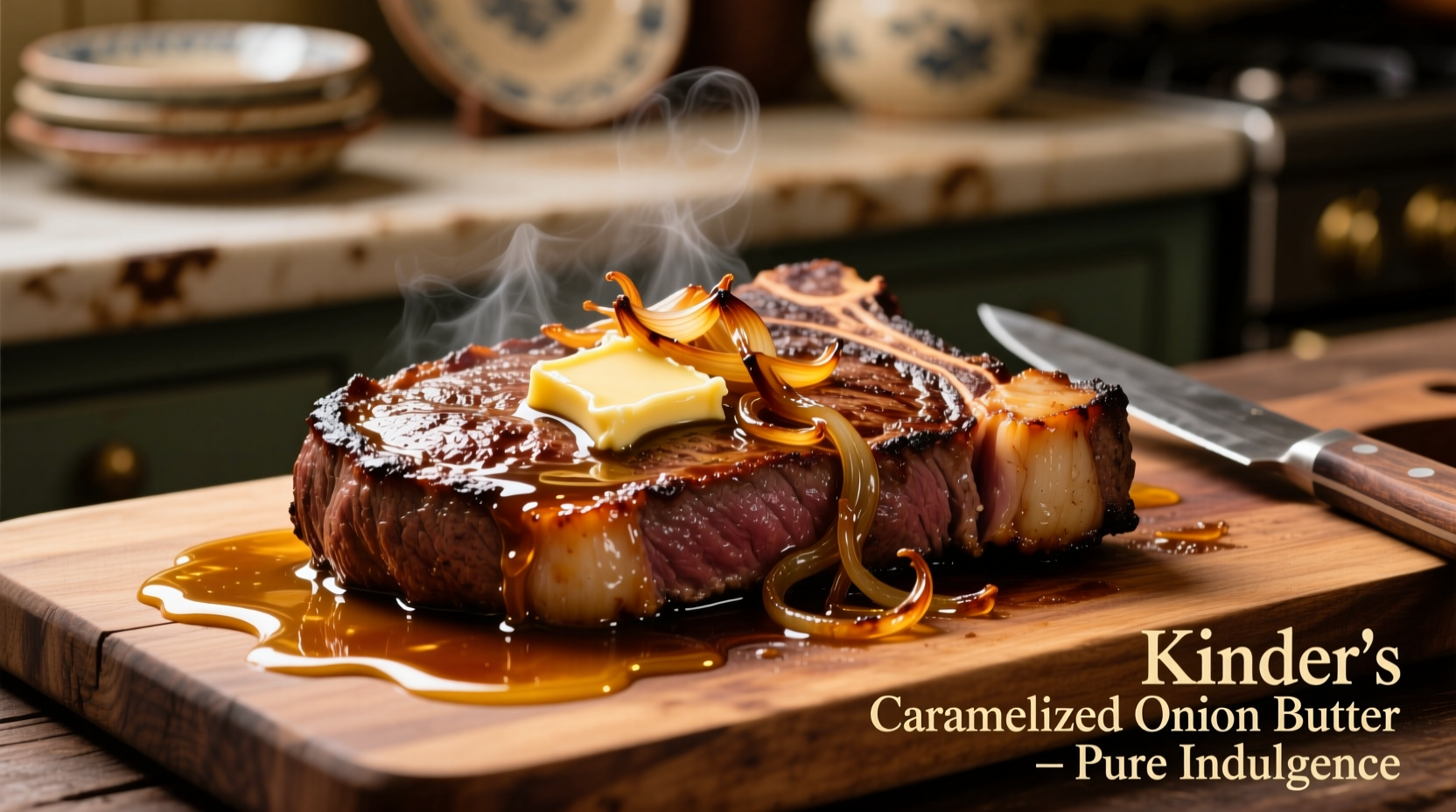 Kinder's caramelized onion butter melting on steak