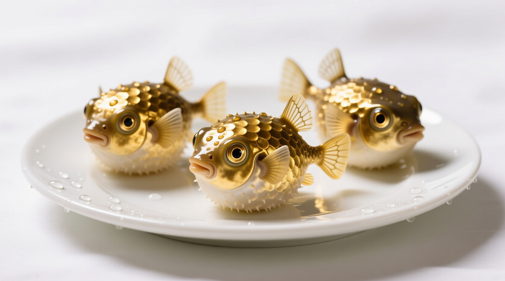 Golden potato puffers arranged on white plate