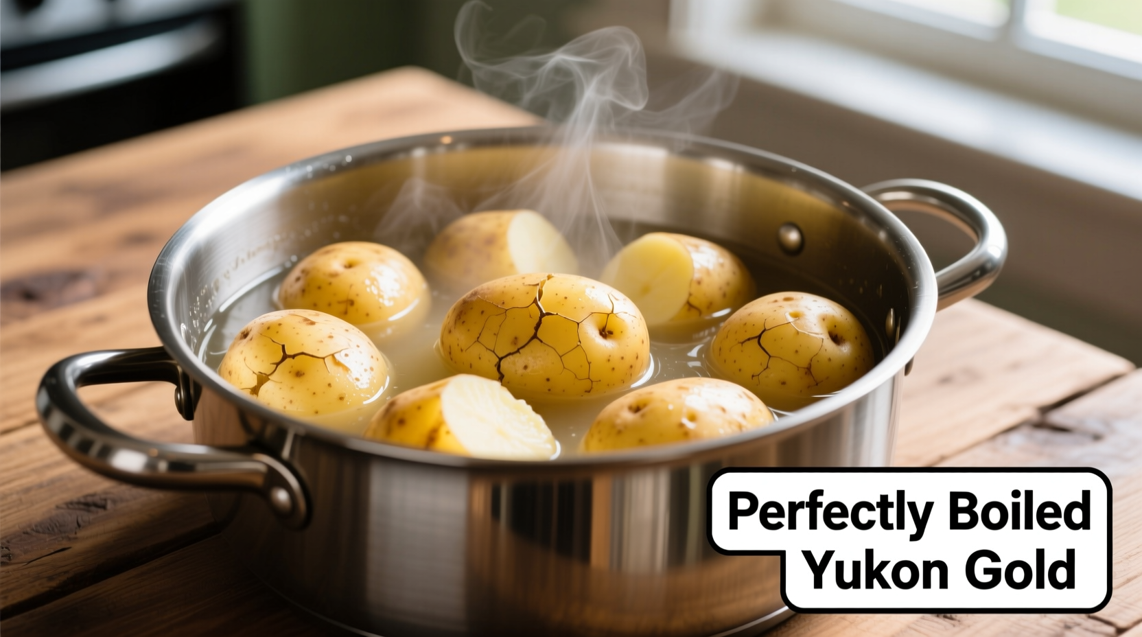 Perfectly boiled Yukon Gold potatoes in a pot