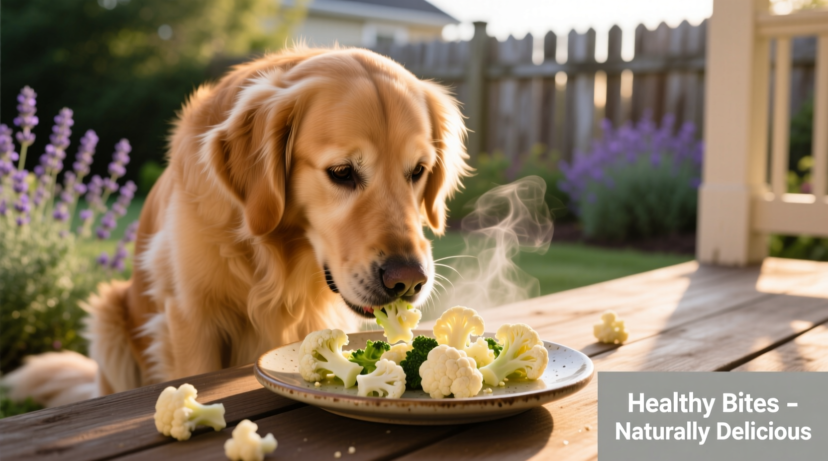 Golden Retriever eating steamed cauliflower pieces