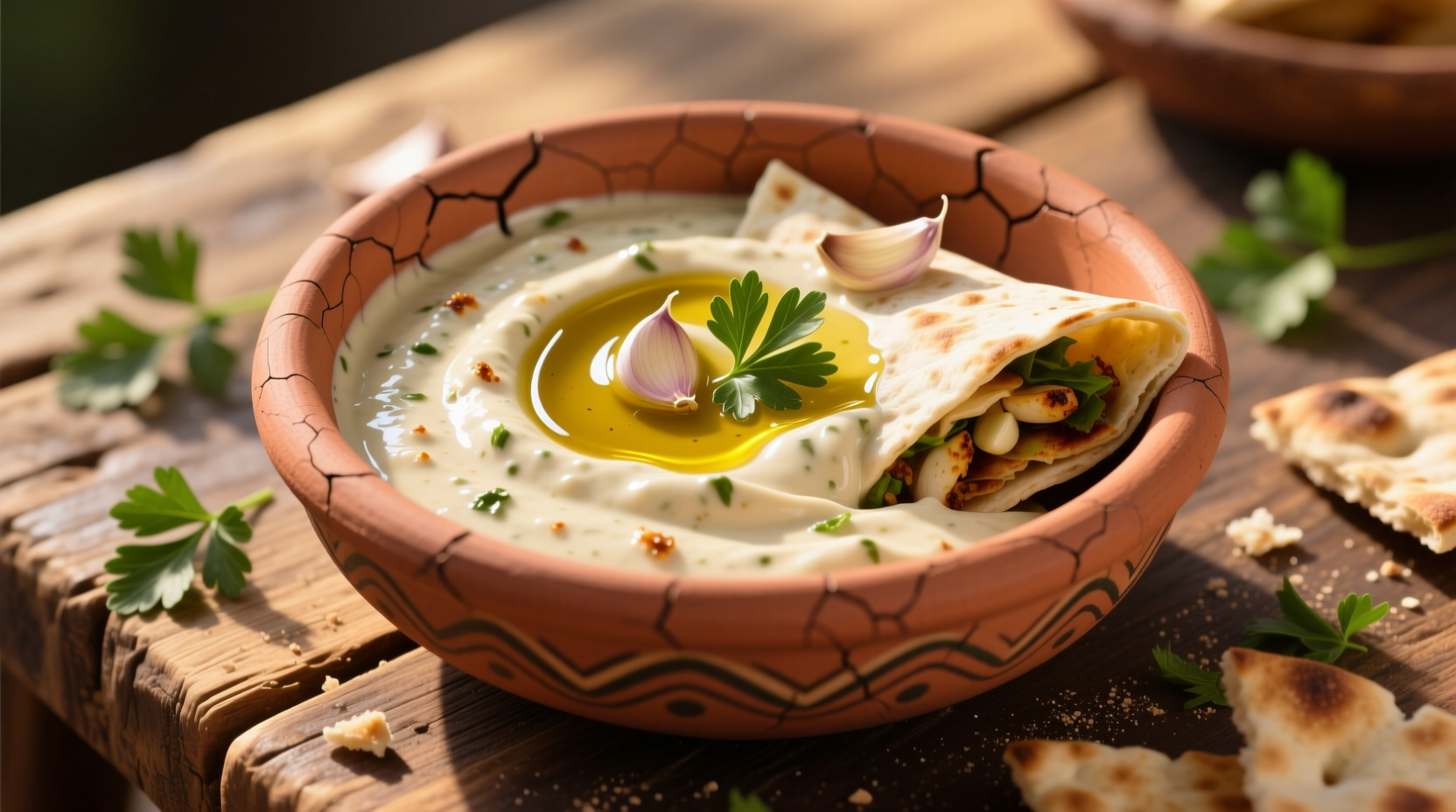 Creamy shawarma garlic sauce in traditional clay bowl