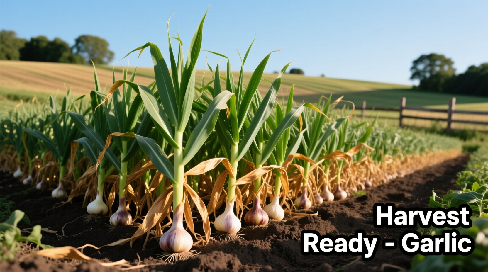 Garlic plants showing ideal harvest condition with green and brown leaves