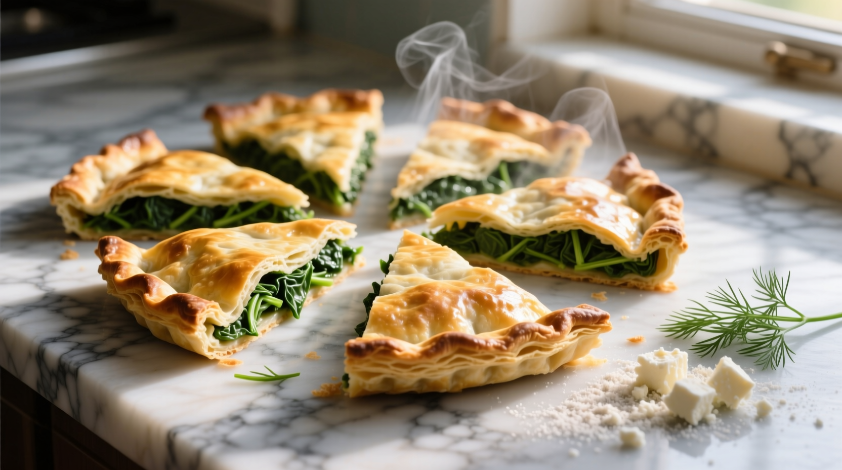 Golden Greek spinach pie triangles on marble surface