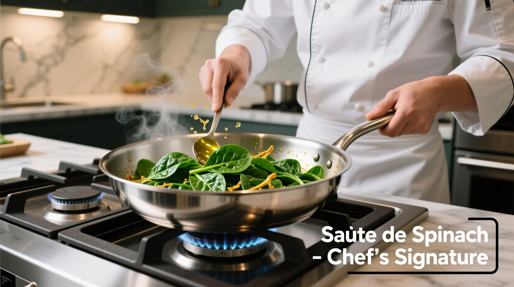 Chef preparing vibrant green spinach sauté in stainless steel pan