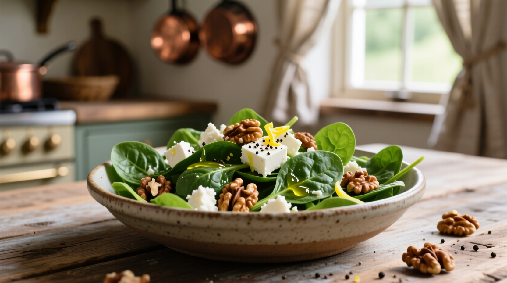 Fresh spinach salad with feta cheese and walnuts