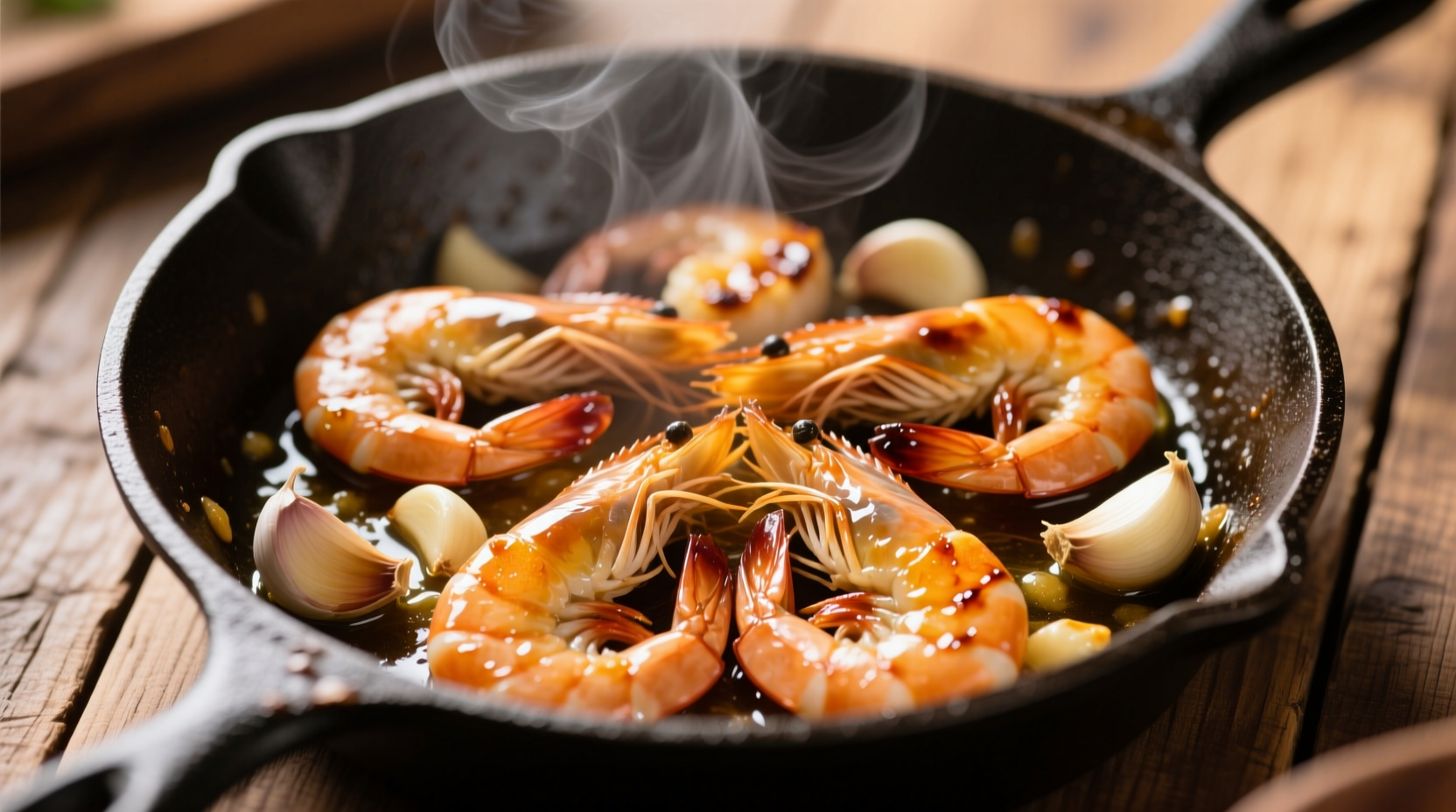 Fresh shrimp sautéed with garlic cloves in skillet