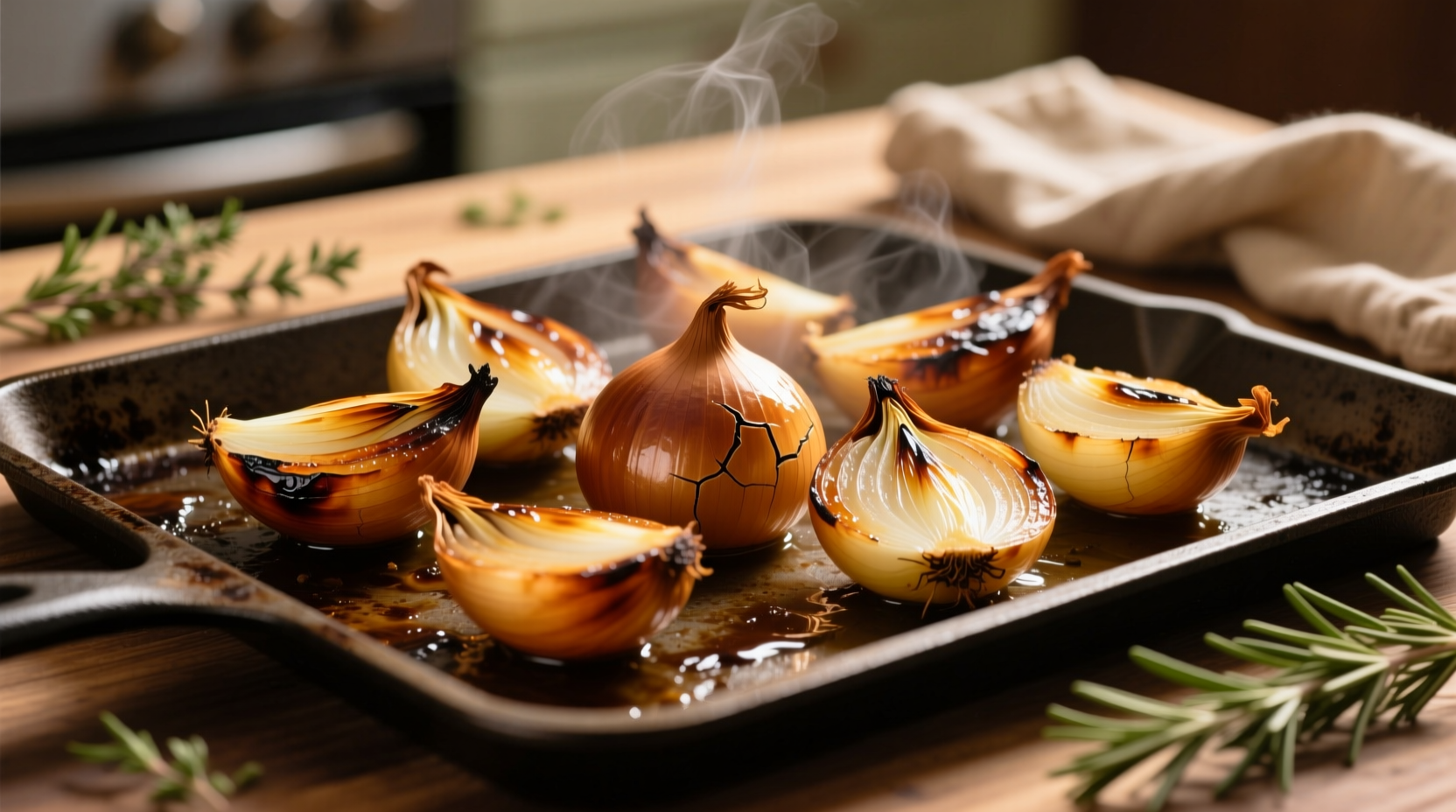 Golden brown roasted onions on baking sheet