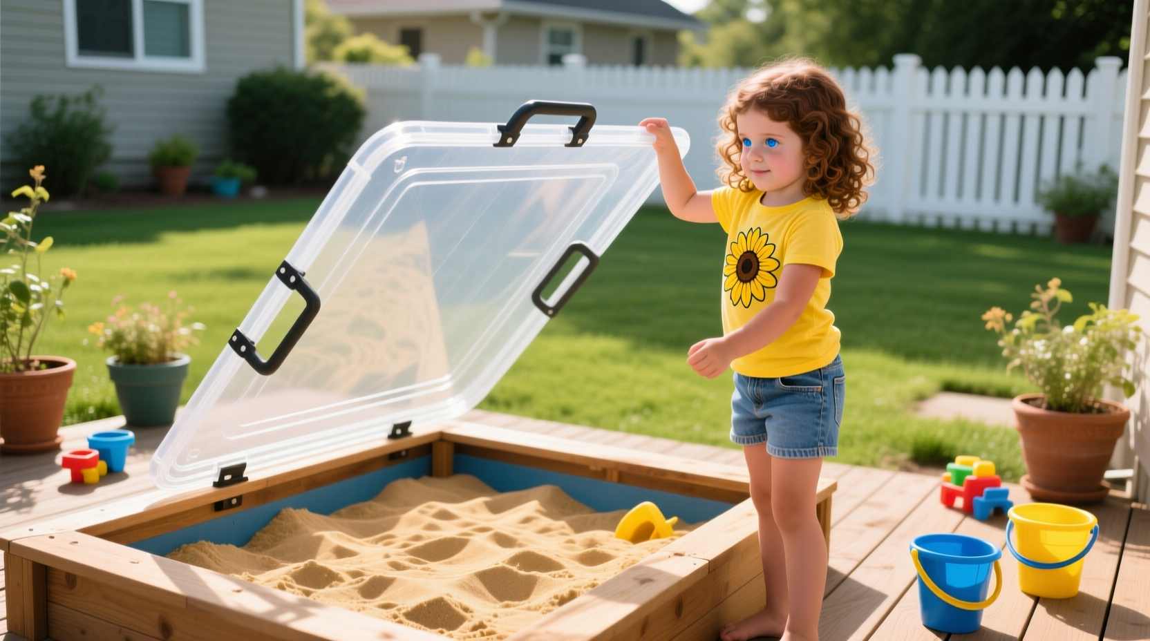 Child safely lifting lightweight DIY sandbox cover