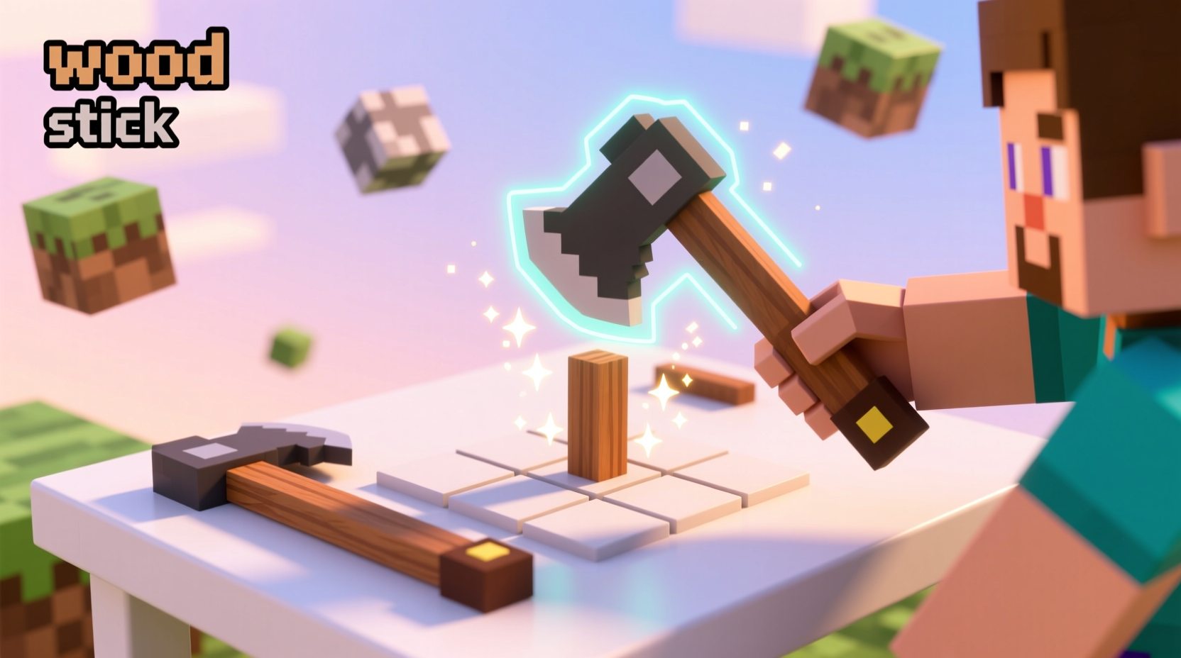 Step-by-step wooden pickaxe crafting demonstration in Minecraft